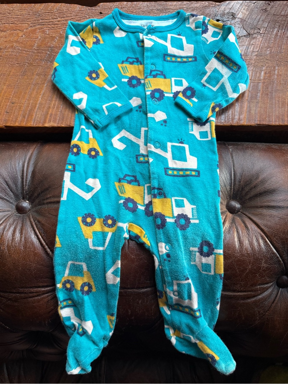 Carter's Teal Footed One-Piece Pajamas with Yellow & White Trucks